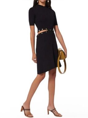 Maje Rosalie Black Knit Snap Waist Detachable Mock Neck Short Sleeve Midi Dress